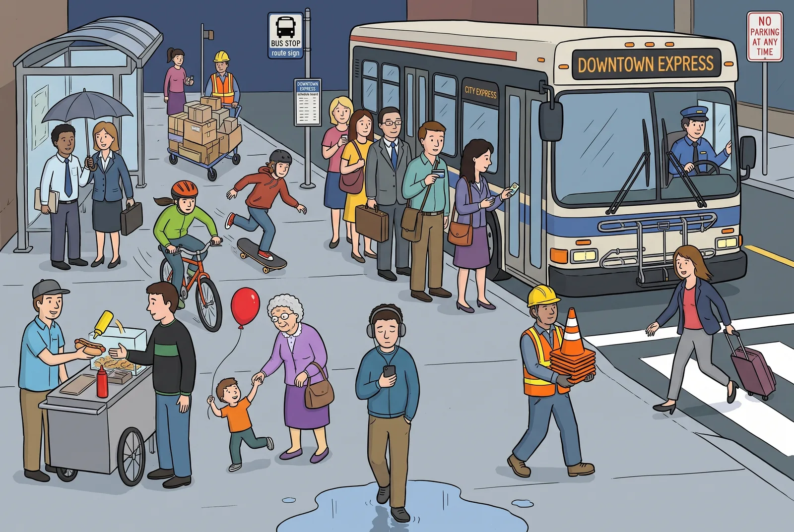 A busy bus stop: passengers queue, a cyclist and skateboarder pass, a vendor serves food and a traveller crosses the street.