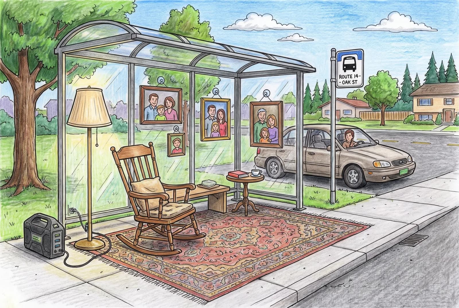 A glass bus shelter furnished like a living room, with a rocking chair, rug, lamp, framed portraits and a side table.