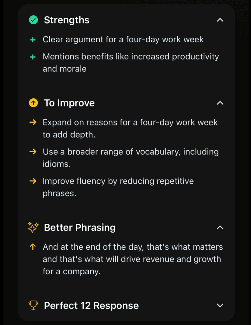 Coaching: strengths, what to improve, better phrasing, Perfect-12 answer