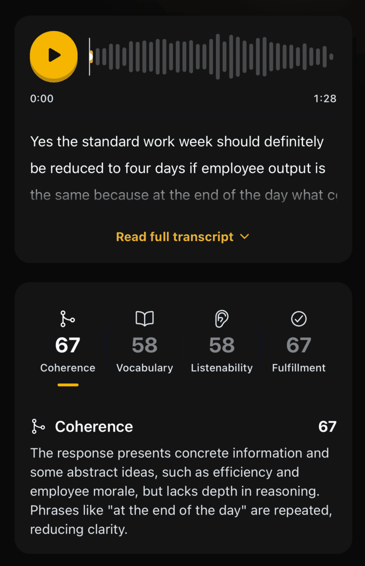 Per-dimension CELPIP scores: coherence, vocabulary, listenability, task fulfillment