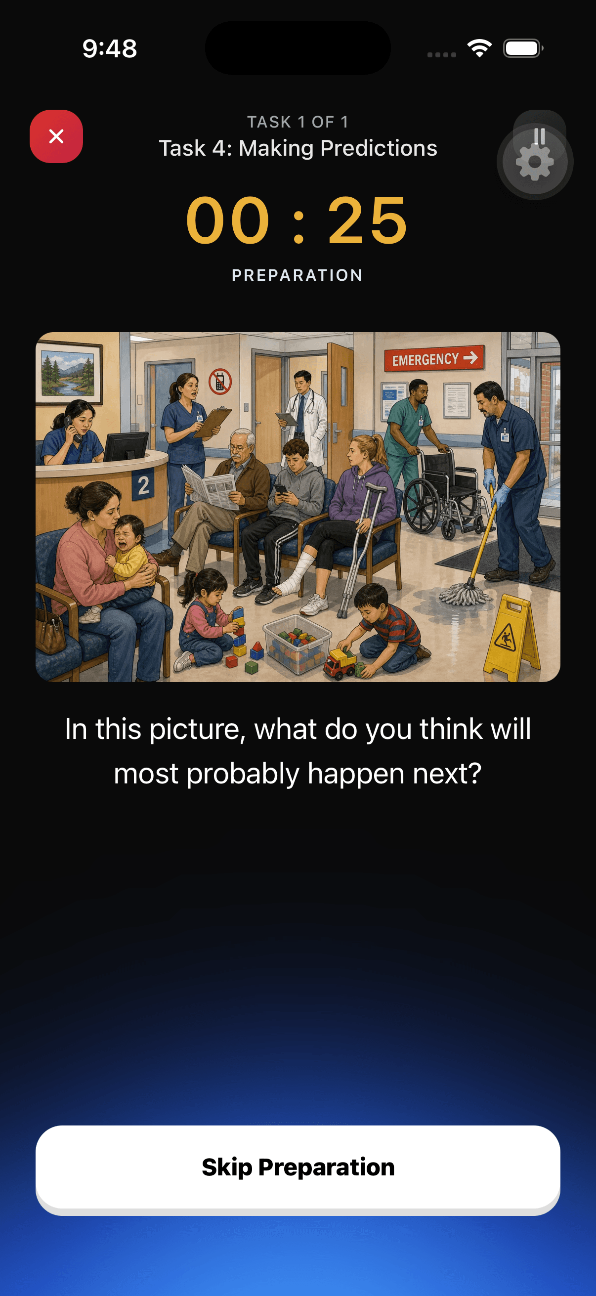 Timed preparation screen with the task prompt