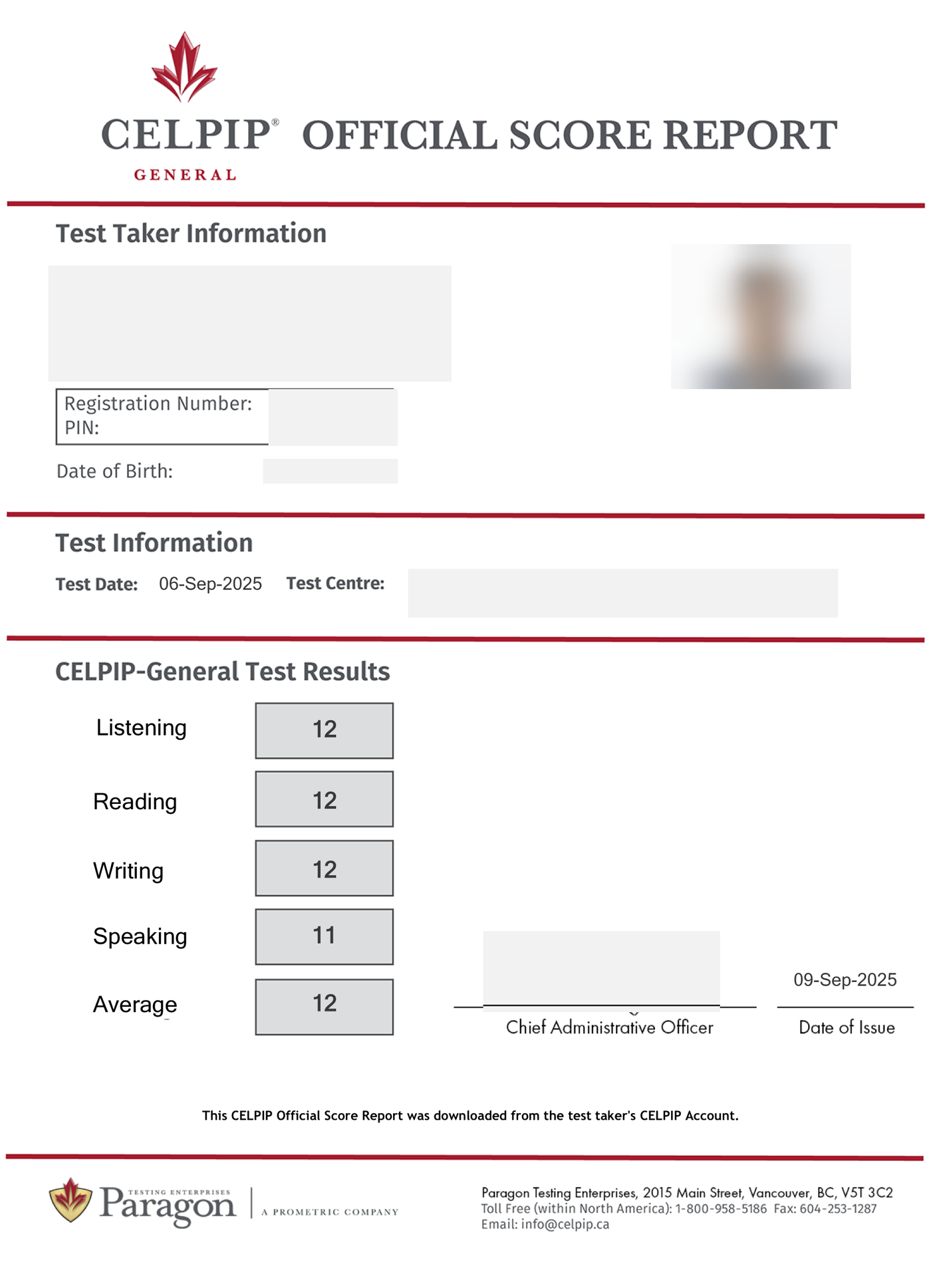 Kerem's CELPIP-General official score report from a September 2025 test, showing Listening 12, Reading 12, Writing 12, Speaking 11, with personal details blurred