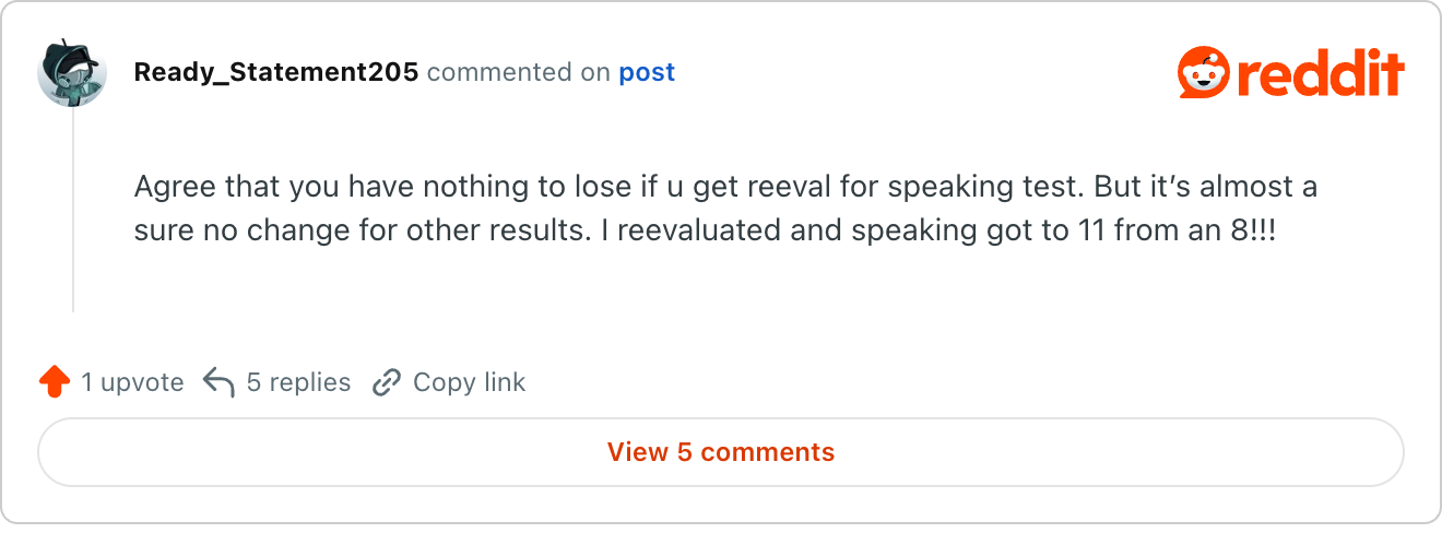 CELPIP speaking re-evaluation result: a test-taker reports their score went from 8 to 11