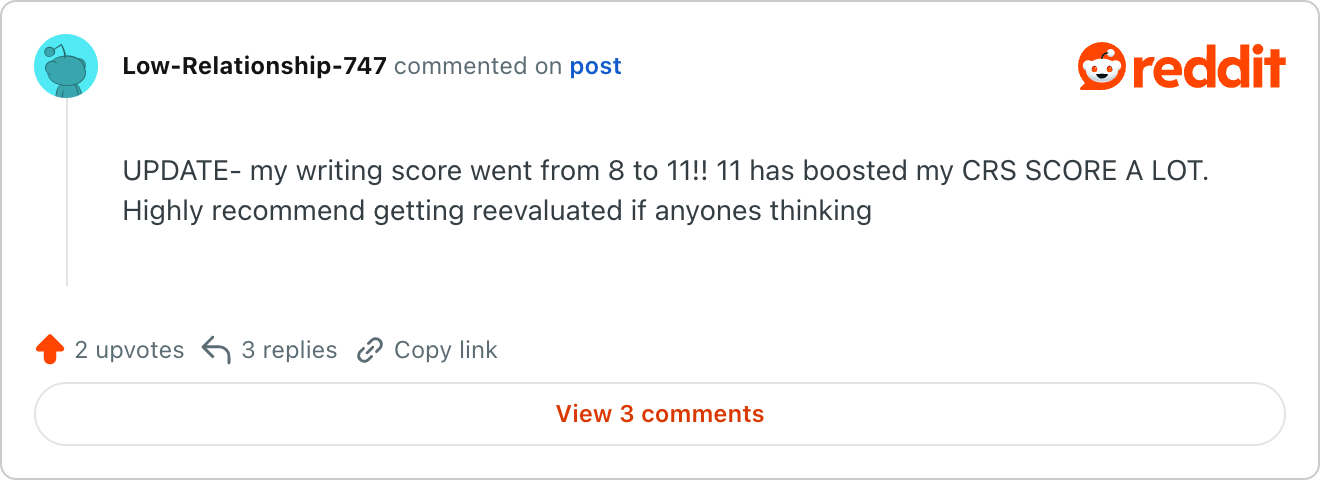 CELPIP writing re-evaluation result: a test-taker reports their score went from 8 to 11